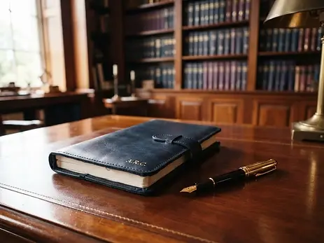 Leather-bound journal and gold fountain pen on a mahogany desk